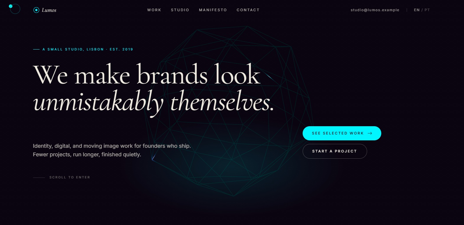 Lumos — branding studio website with a WebGL hero